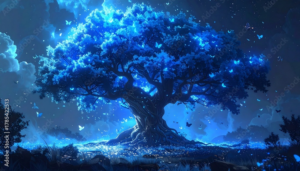 Obraz premium A luminous, vibrant, stylized tree glows with ethereal blue light, surrounded by fluttering butterflies and a dreamy night sky