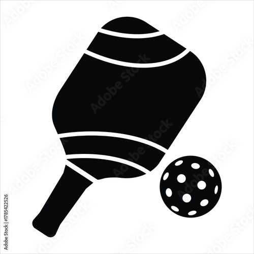 Pickleball paddle and ball black silhouette vector.