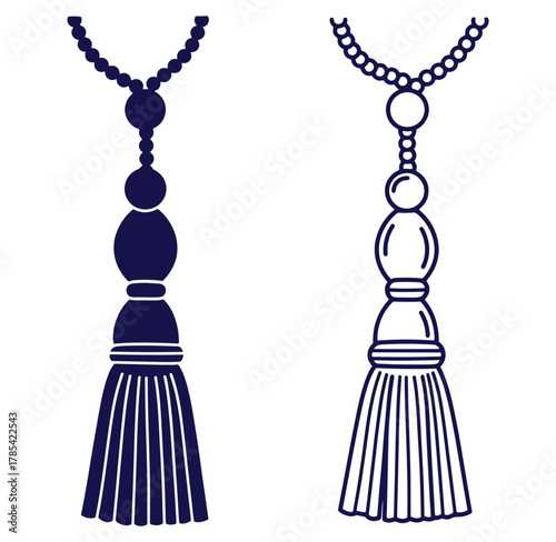 Elegant navy blue and outline illustrated tassels with ornate beads on white backdrop