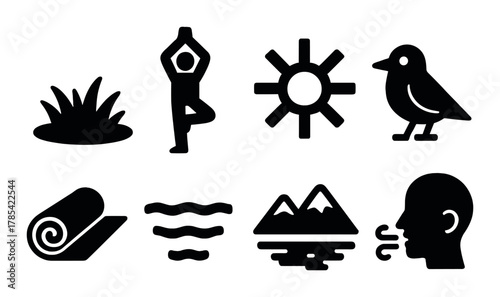 Nature and wellness icons: yoga, sun, bird, grass, mat, waves, mountains, breathing