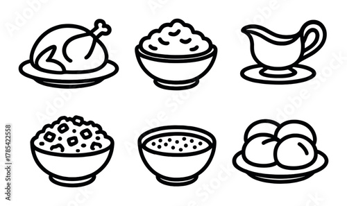 Thanksgiving dinner icons: turkey, potatoes, gravy, stuffing, cranberry, rolls
