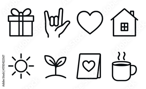 Minimalistic icon set featuring gift, hand gesture, heart, house, sun, plant, card, coffee