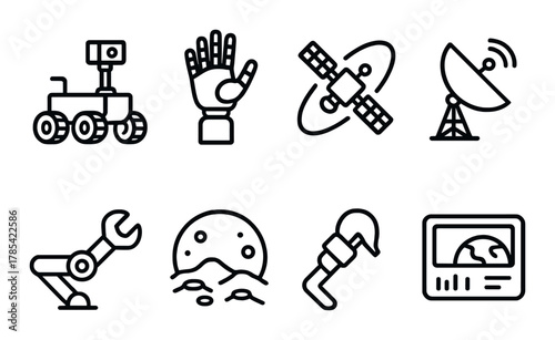 Space technology icons set featuring rover, satellite, antenna, and robotic arm