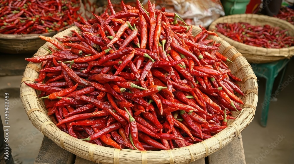 Fototapeta premium A heap of red chili peppers in a rustic woven basket