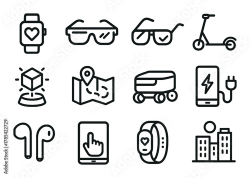 Modern technology icons including smartwatch and electric scooter