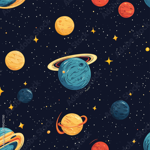 Cosmic Cartoon Planets Seamless Pattern, Space, Galaxy , space , planets   , vector style simple color