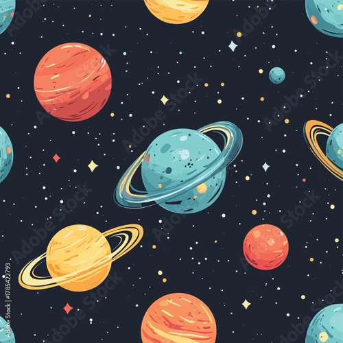 Cosmic Cartoon Planets Seamless Pattern, Space, Galaxy , space , planets   , vector style simple color