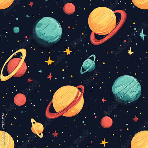 Cosmic Cartoon Planets Seamless Pattern, Space, Galaxy , space , planets   , vector style simple color