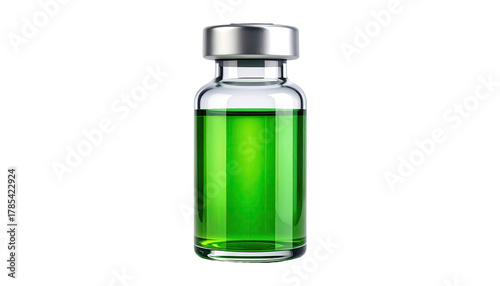 Clear glass vial filled with bright, luminescent green liquid