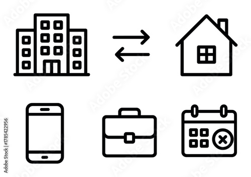 Work from home transition: icons of office, house, mobile, briefcase, calendar