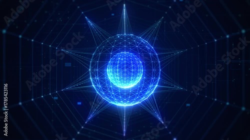 Futuristic digital background showing a glowing blue quantum computing network with data connections and abstract light lines. Perfect for technology and innovation themes.