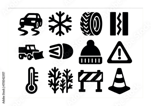 Winter safety icons: snowflakes, tires, thermometer, beanie, warning signs