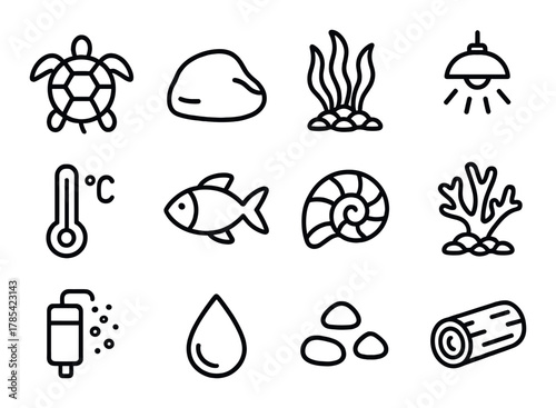 Aquatic symbols: sea turtle, fish, coral, light, thermometer, water, rock, log icons