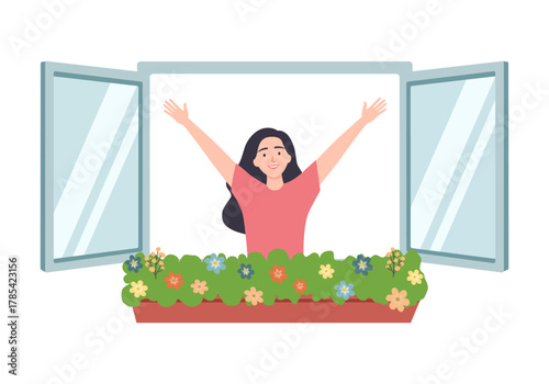 Smiling female neighbor girl dreaming at open window. Cheerful woman opened window. Little birds are sitting on the window near plant. Happy girl is enjoing fresh air. Flat cartoon vector illustration