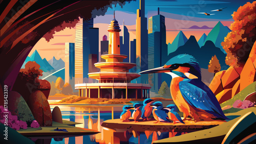 Ancient illustration of the golden Buddha statue at Wat Phra Kaew temple amidst the historic architecture and urban landscape