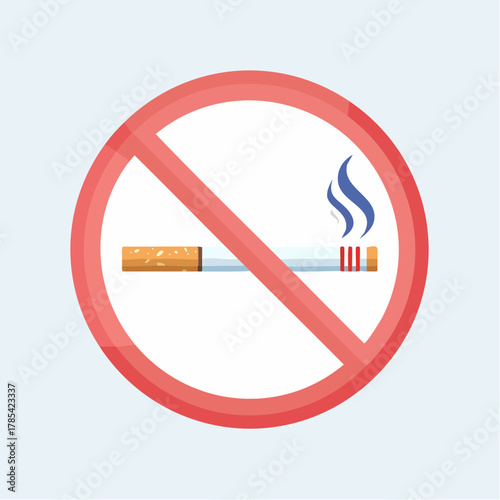 Vector illustration of a cigarette with smoke inside a red ban symbol. Used for safety, health, and public area signage.

