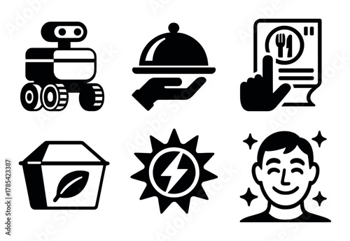 Food delivery icons: robot, hand, menu, eco, sun, smiling face