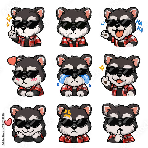 A set of cute anime dogs illustrations in various clothes doing different activities with different expressions. Stickers or badges.Schnauzer