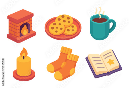 Cozy winter essentials: fireplace, cookies, hot drink, candle, warm socks, and open book