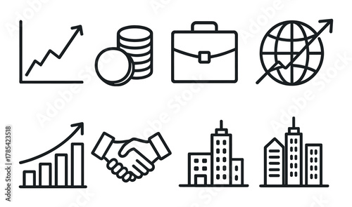 Business success icons: growth, finance, global expansion, buildings, progress