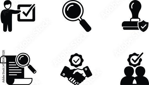 Six black icons showing approval verification and business concepts checklist checkmark