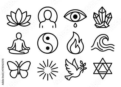 Symbols of peace and spiritual balance: lotus, eye, crystals, meditation, yin yang, flame, wave, butterfly, sunburst, dove, star