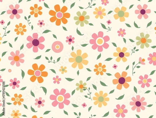 Seamless pattern of colorful small flowers and green leaves on a light background