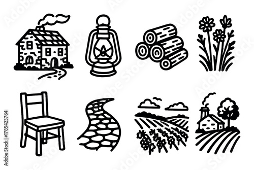 Rustic icons of farmhouse, lantern, logs, flowers, chair, path, fields