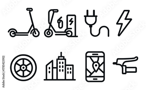 Electric scooter icons with charging and navigation symbols on dark background