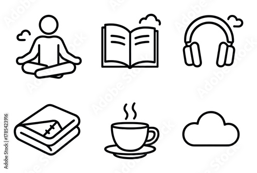 Minimalist icons of meditation book music blanket coffee cloud on dark background