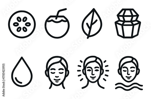 Set of eight black skincare icons with faces and natural elements