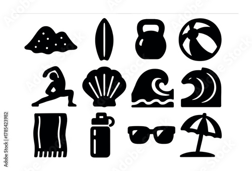 Black silhouette icons of beach and fitness elements in a grid layout