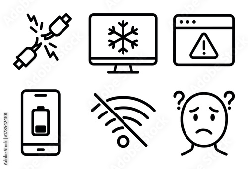 Network failure and tech issues icons: wi-fi, power, cooling, alert symbols