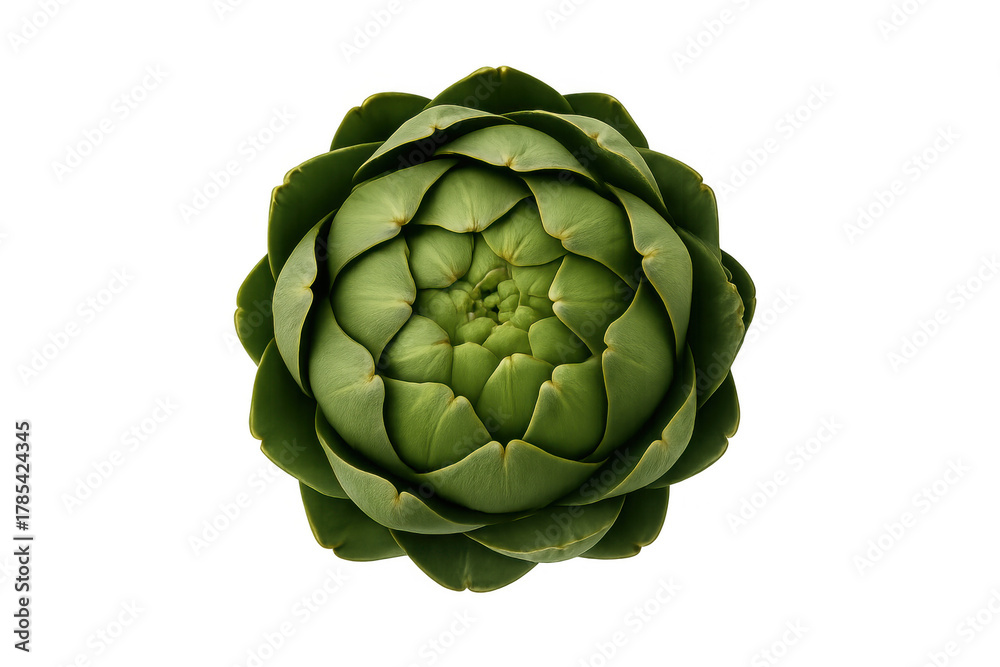 Obraz premium Fresh green artichoke edible vegetable, healthy eating and vegetarian food ingredient, top view with transparent background