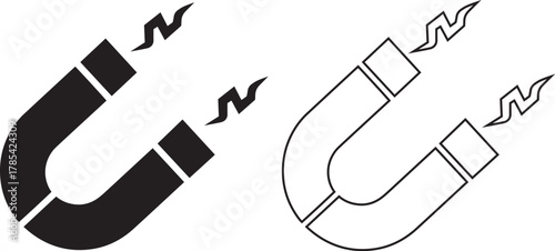 Black and white horseshoe magnet icons with stylized energy sparks magnetic attraction