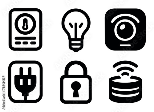 Technology icons: light bulb, plug, lock, and smart elements on dark background