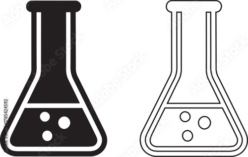 Black and white icons of laboratory flasks with bubbles science chemistry