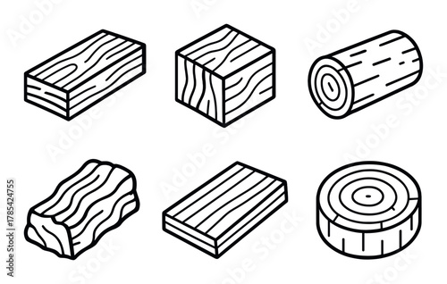 Various wood textures: plank, block, log, bark, board, slice in black and white illustration