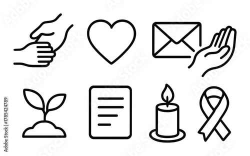 Symbols of compassion: heart, candle, hands, letter, seedling, ribbon icons