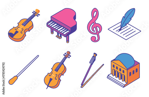 Vibrant musical icons with instruments and symbols in modern style