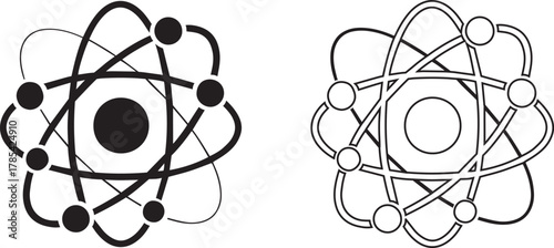 Black and white atom symbol with orbiting electrons and nucleus atomic science