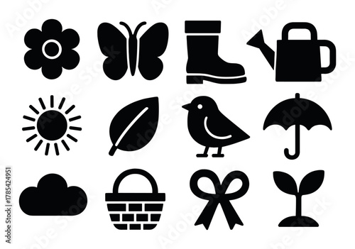 Silhouette icons of nature and gardening elements on olive background