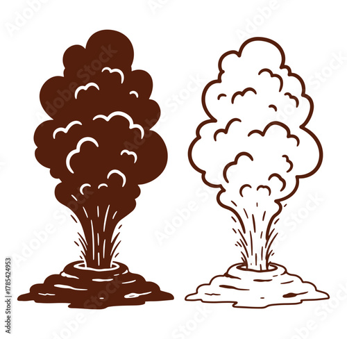 Two cartoon volcano eruptions showing smoke and steam illustrations in brown and outline