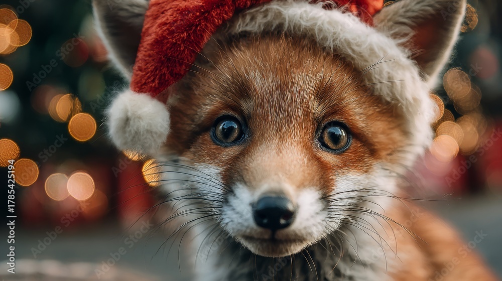 Obraz premium Baby fox wearing red Santa hat. Blurred holiday lights background