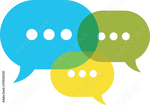 Three overlapping speech bubbles in blue green and yellow chat communication