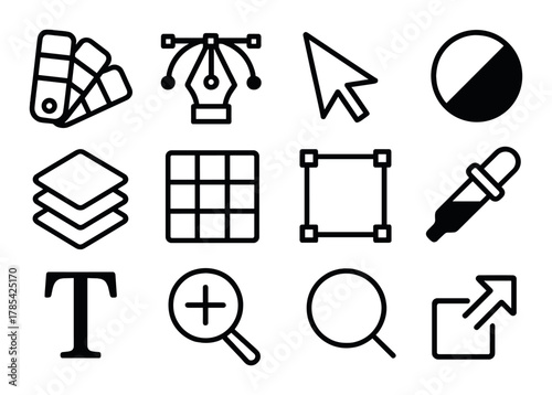 Graphic design tools and icons: pen, layers, color picker, text, zoom, arrow