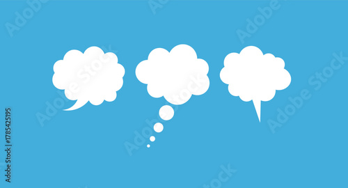 Three white speech bubbles and thought bubbles on blue background communication dialogue