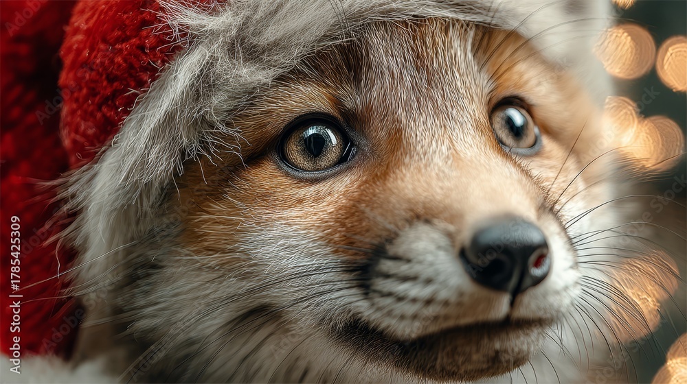 Obraz premium Baby fox wearing red Santa hat. Blurred holiday lights background