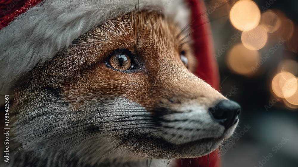 Obraz premium Baby fox wearing red Santa hat. Blurred holiday lights background