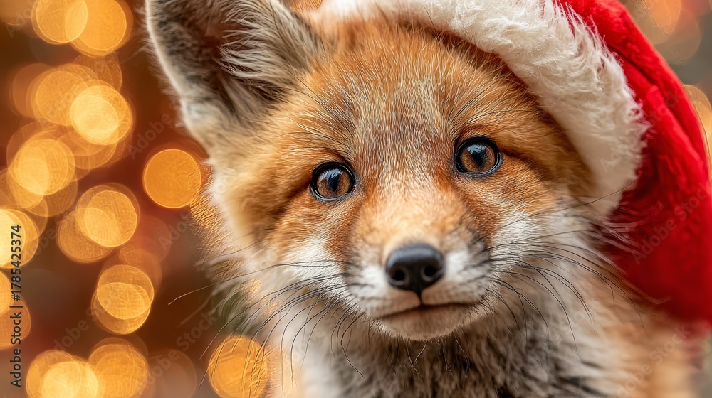 Obraz premium Baby fox wearing red Santa hat. Blurred holiday lights background